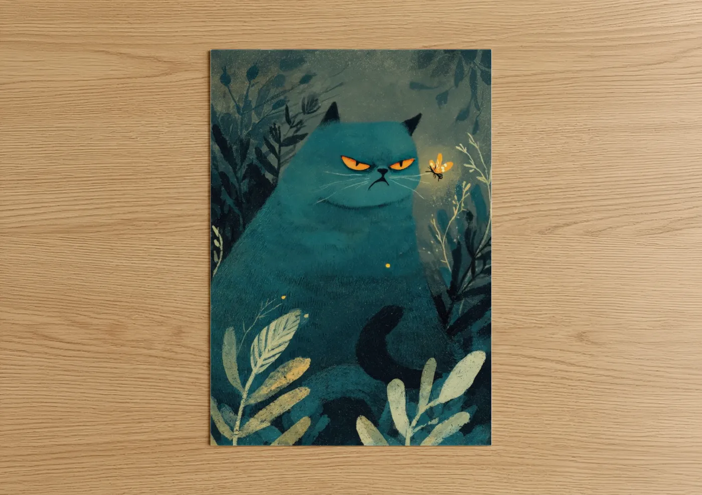 Mystical Cat With Fireflies Night Wall Art