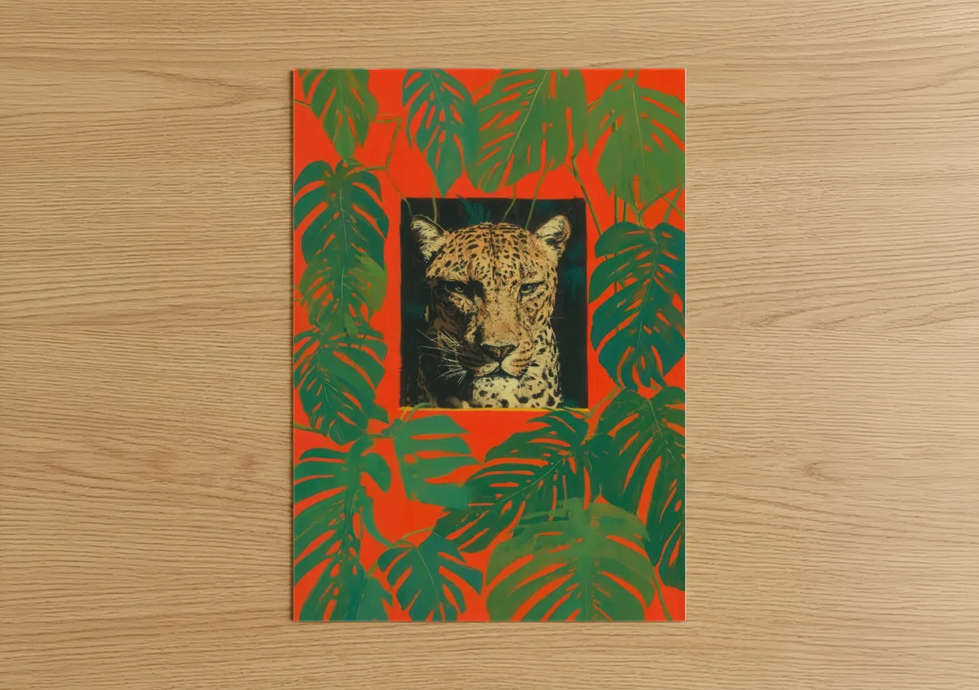 Art print on warm oak wood — orange and true green palette — Jungle Leopard poster