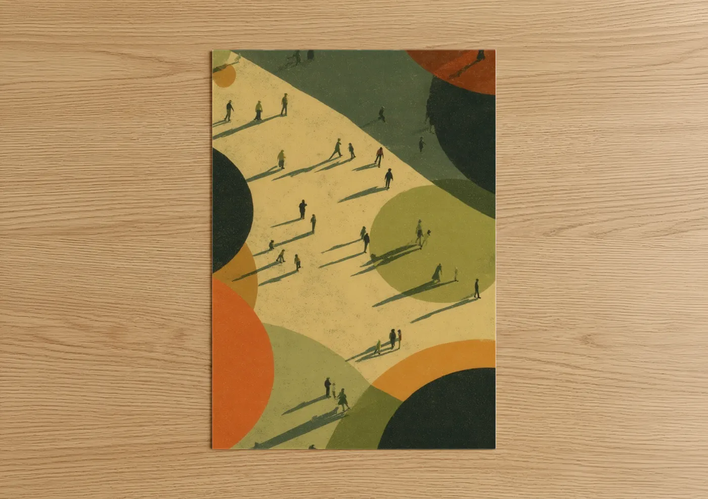 Roller skating art print on warm oak wood — mustard and olive palette — Sunlit Skaters poster