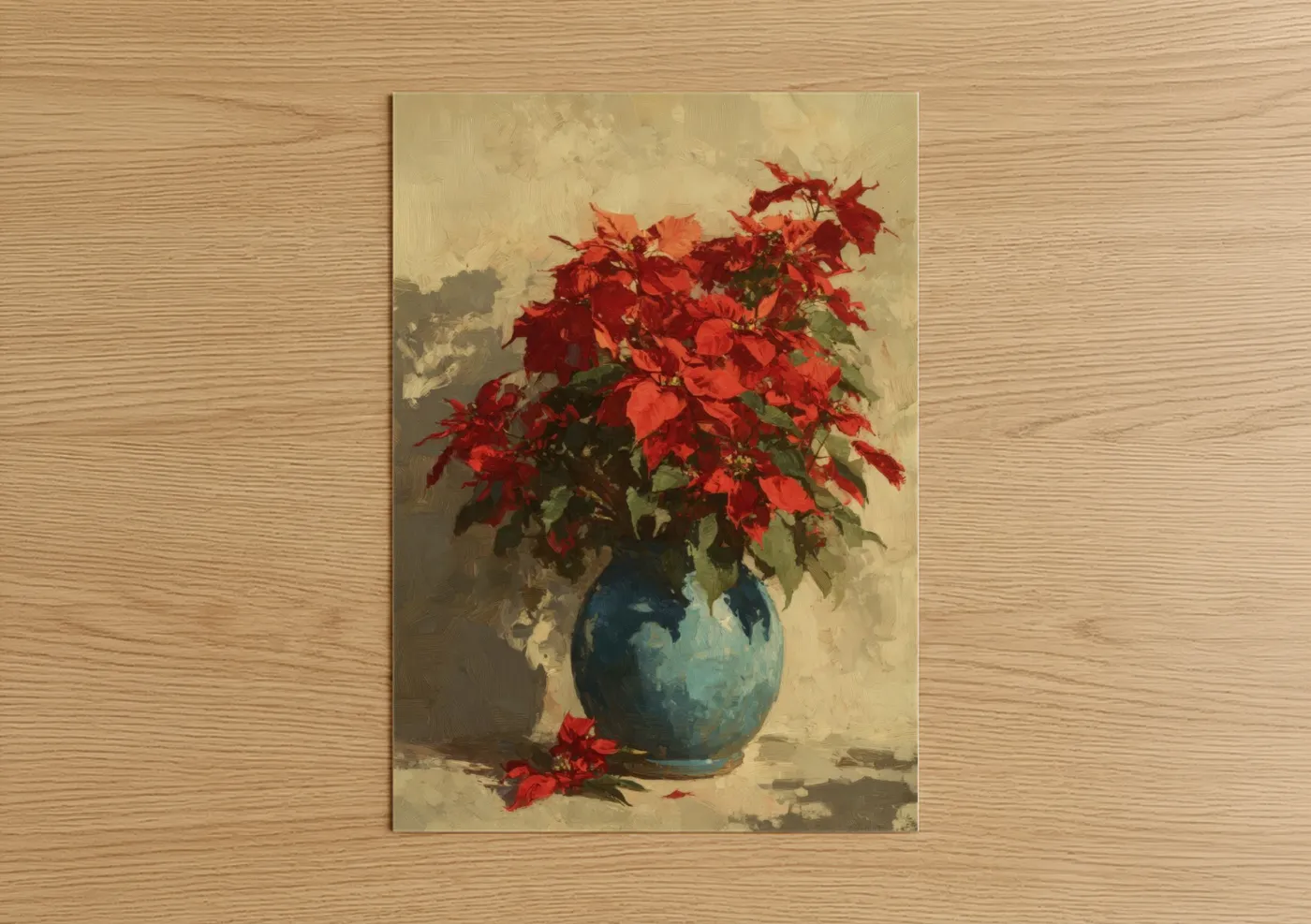 Art print on warm oak wood — red and teal palette — Crimson Poinsettias poster