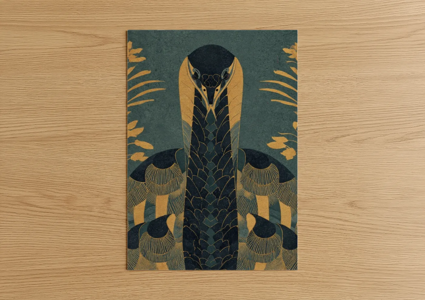 Art print on warm oak wood — gold and dark blue palette — Golden Basilisk poster