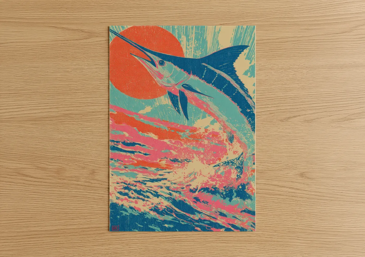 Blue marlin art print on warm oak wood — orange and teal palette — Crimson Marlin poster