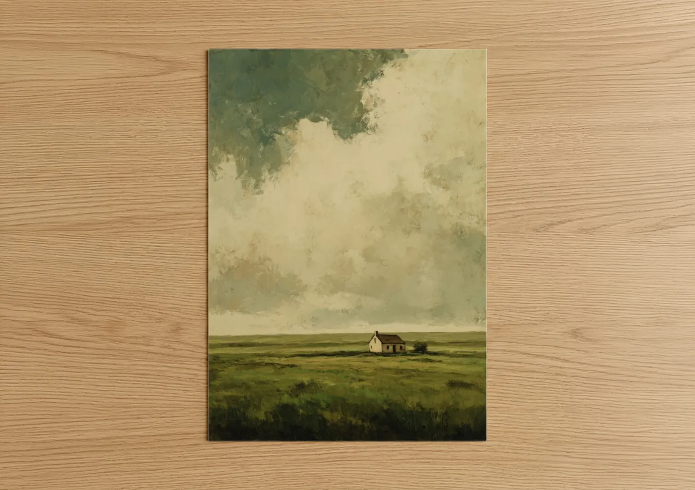 Green field art print on warm oak wood — sage green and cream palette — Solitary Farmhouse poster