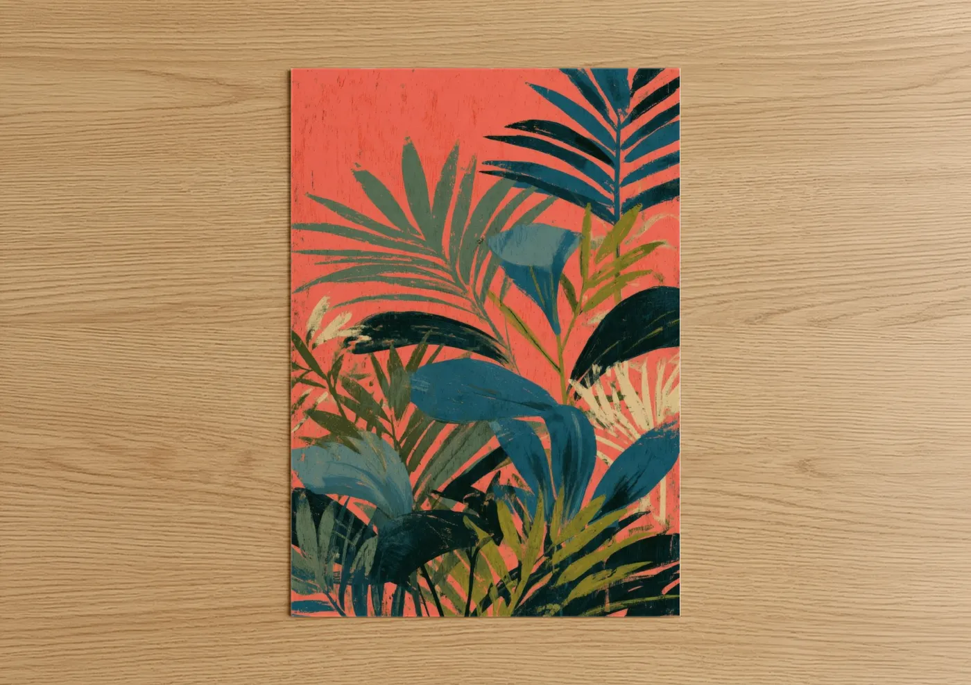 Palm forest art print on warm oak wood — teal and orange palette — Tropical Palm Fronds poster