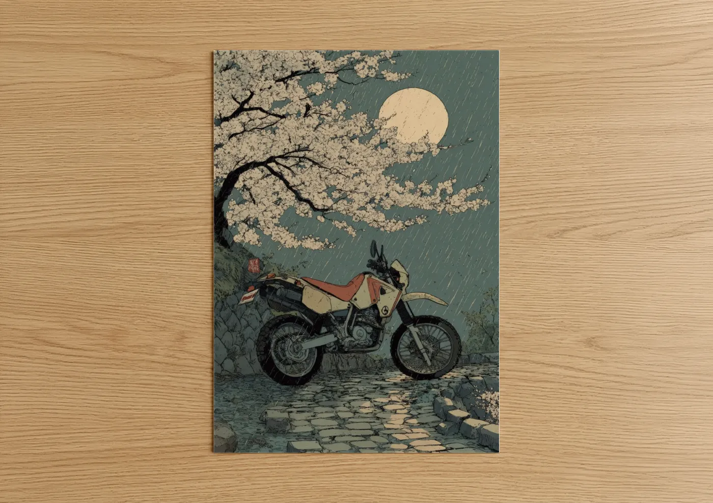 Vintage Motorcycle Cherry Blossom Rain Wall Art