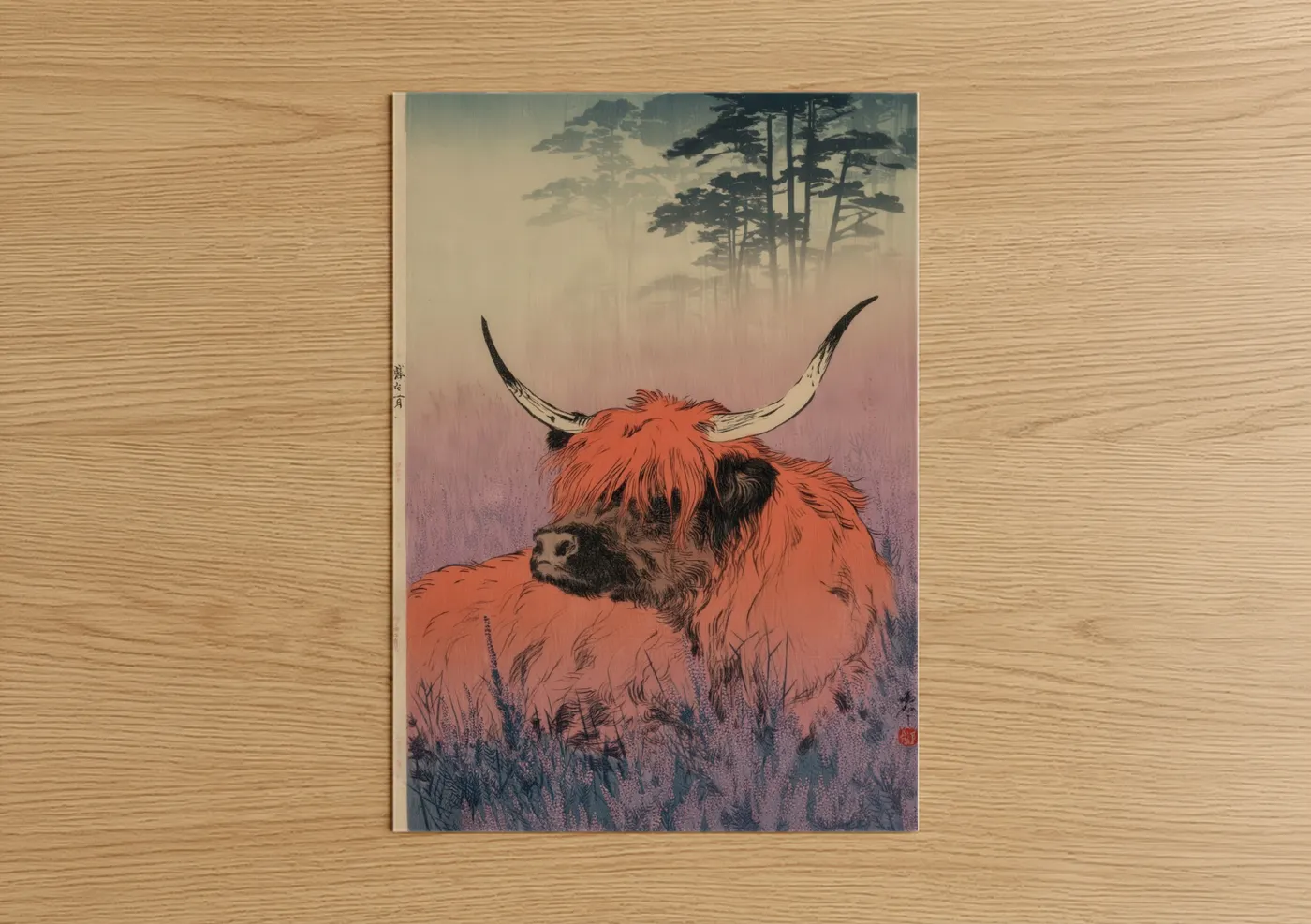 Highland Cow Misty Forest Watercolor Wall Art