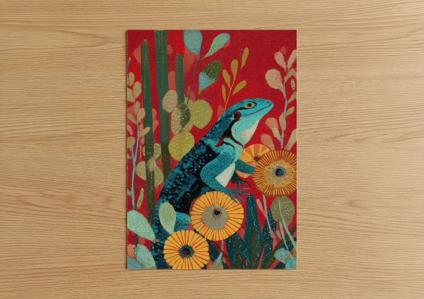 Art print on warm oak wood — red and turquoise palette — Turquoise Desert Lizard poster
