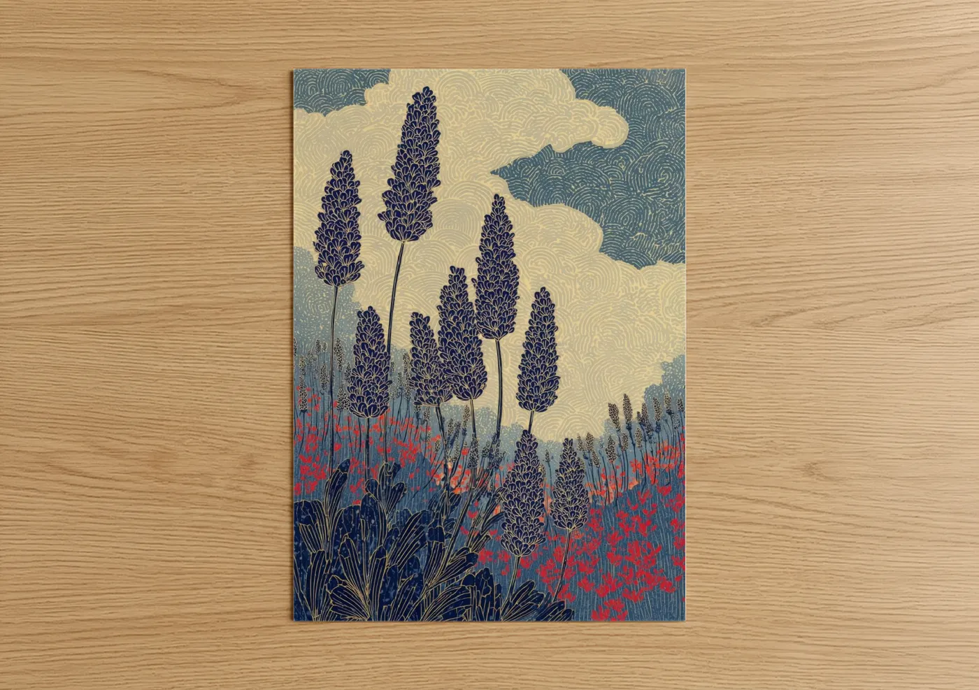 Art print on warm oak wood — cream palette — Lavender Field Dream poster
