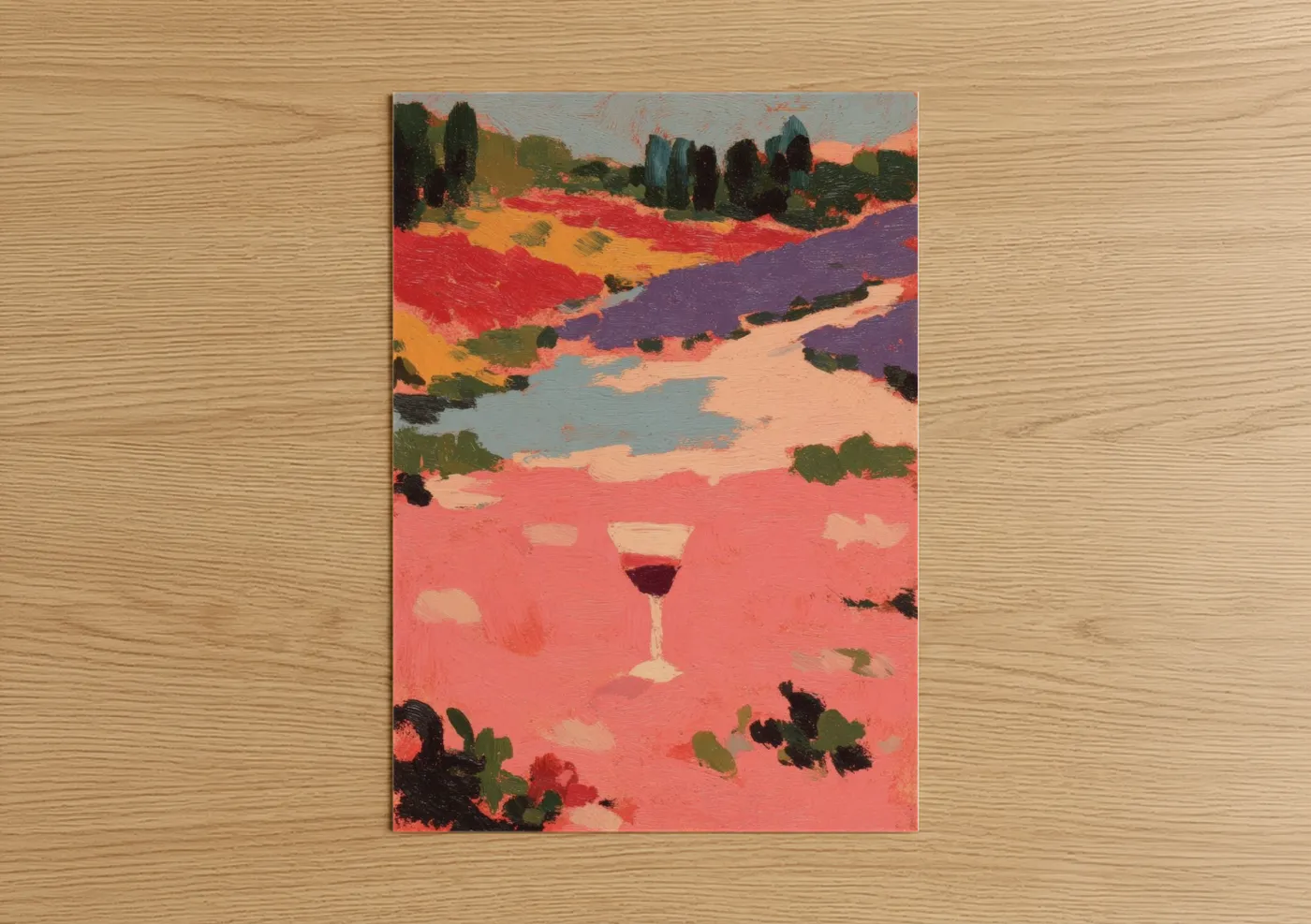 Rose wine art print on warm oak wood — salmon pink and gold palette — Rosé Vineyard poster