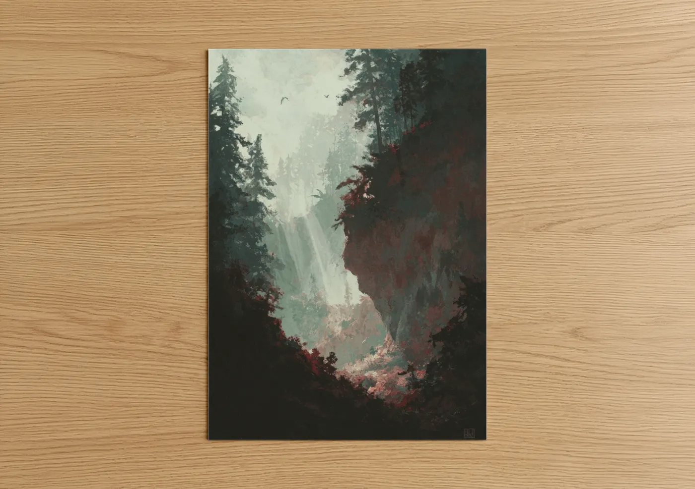 Misty Canyon Cliff Landscape Watercolor Wall Art