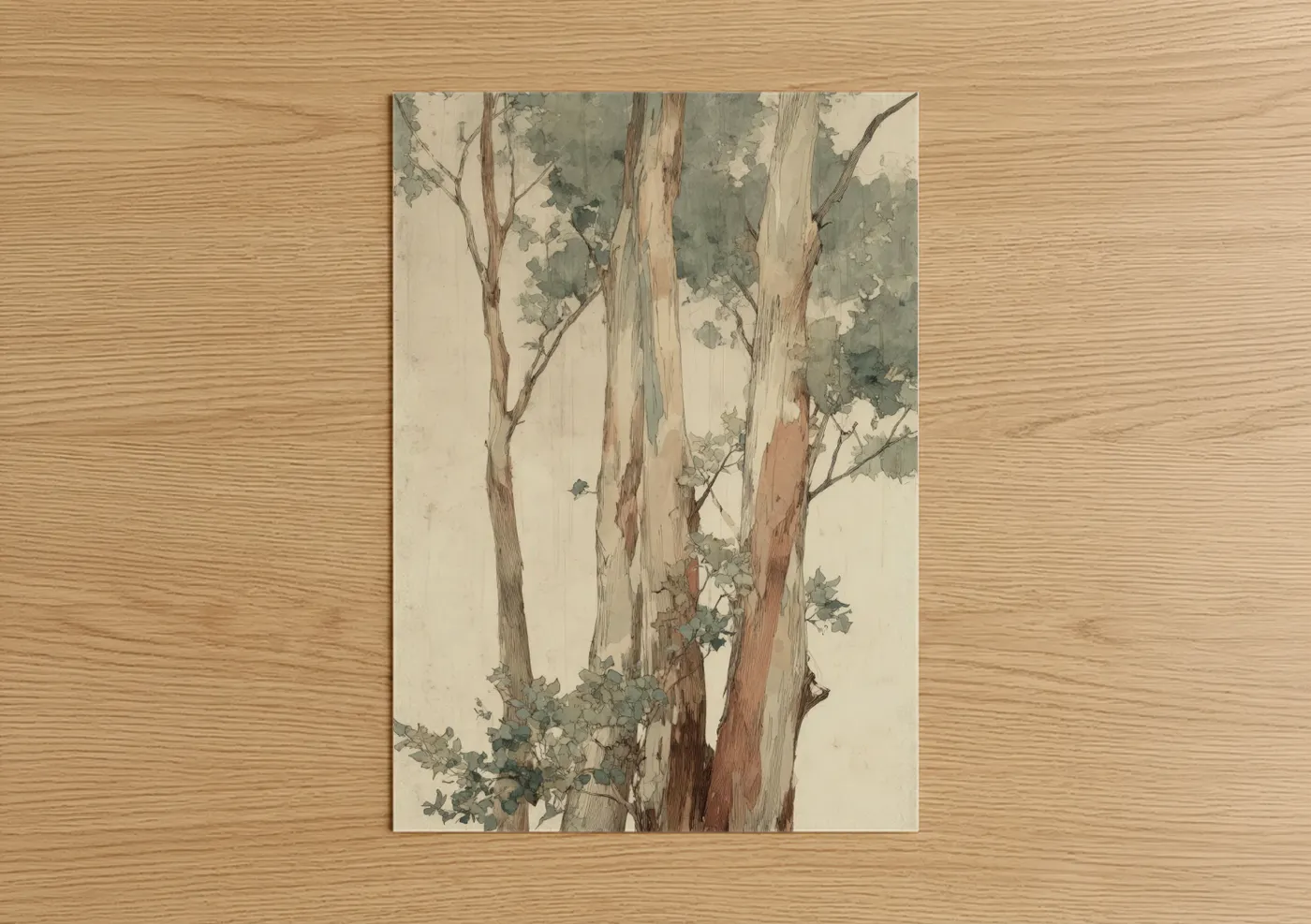 Eucalyptus forest art print on warm oak wood — sage green and cream palette — Eucalyptus Grove Watercolor poster