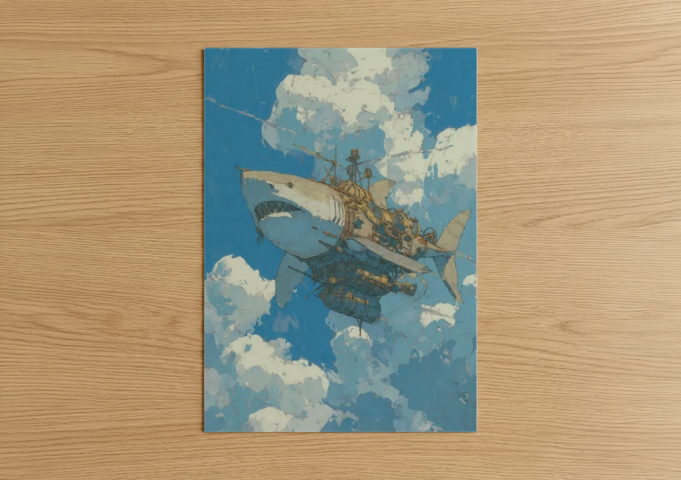 Basking shark art print on warm oak wood — blue and cream palette — Steampunk Shark poster