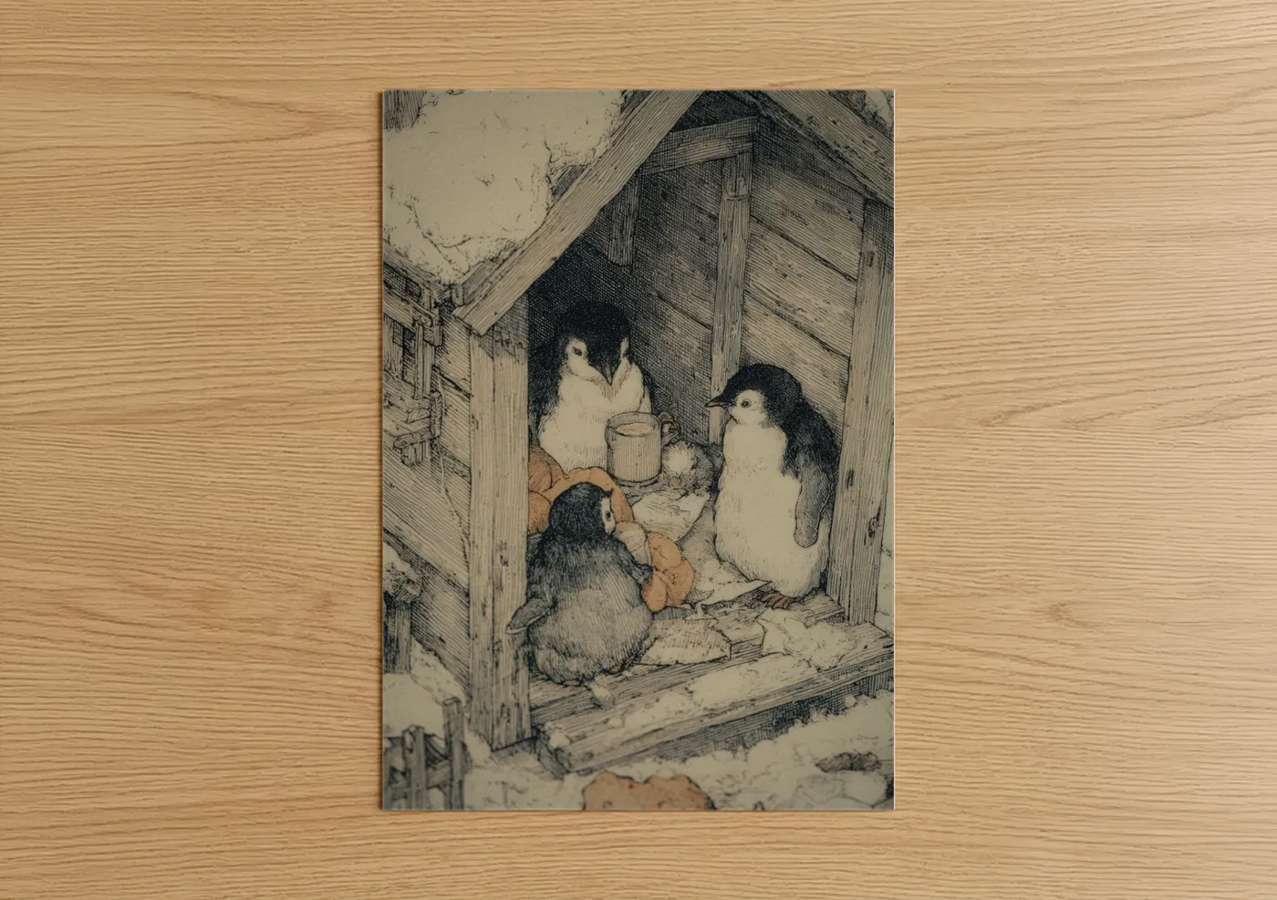 Cozy Penguin Family Vintage Illustration Wall Art