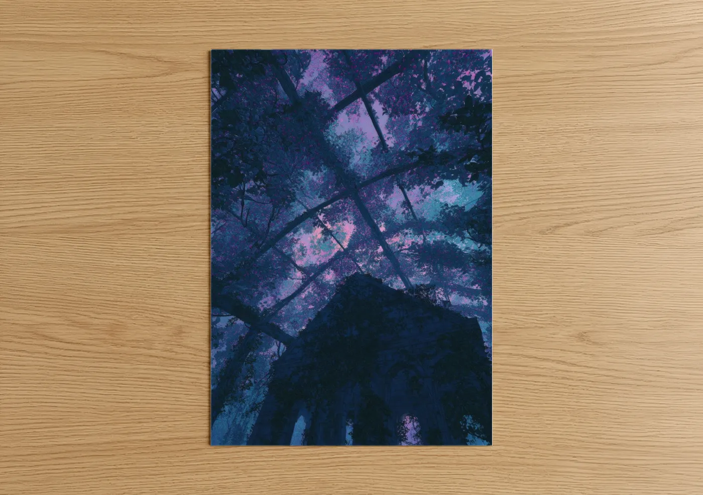 Wineries and cellars art print on warm oak wood — purple and blue palette — Twilight Vineyard poster