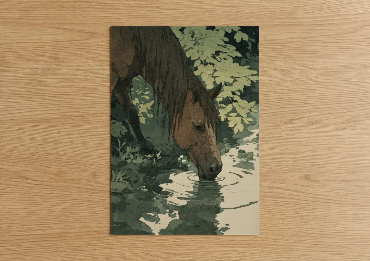 Horseback art print on warm oak wood — dark green and brown palette — Woodland Horse Drink poster