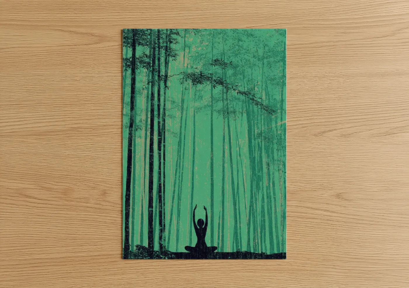 Fitness yoga art print on warm oak wood — true green and sage green palette — Zen Forest Yoga poster