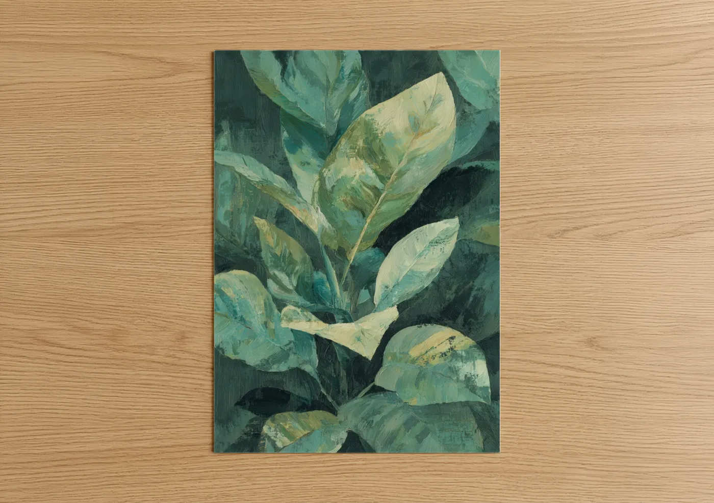 Tropical trees art print on warm oak wood — teal and cream palette — Tropical Foliage Study poster