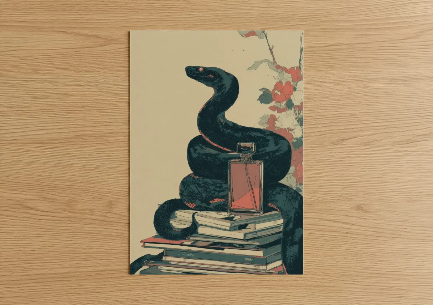 Dark Boa Constrictor with Perfume and Books Wall Art