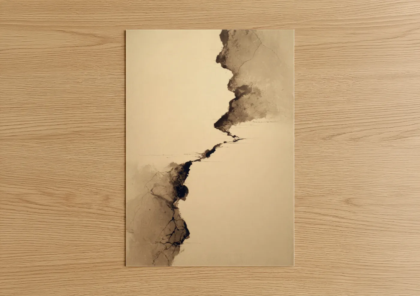 Abstract minimalist art print on warm oak wood — beige and brown palette — Erosion Landscape poster