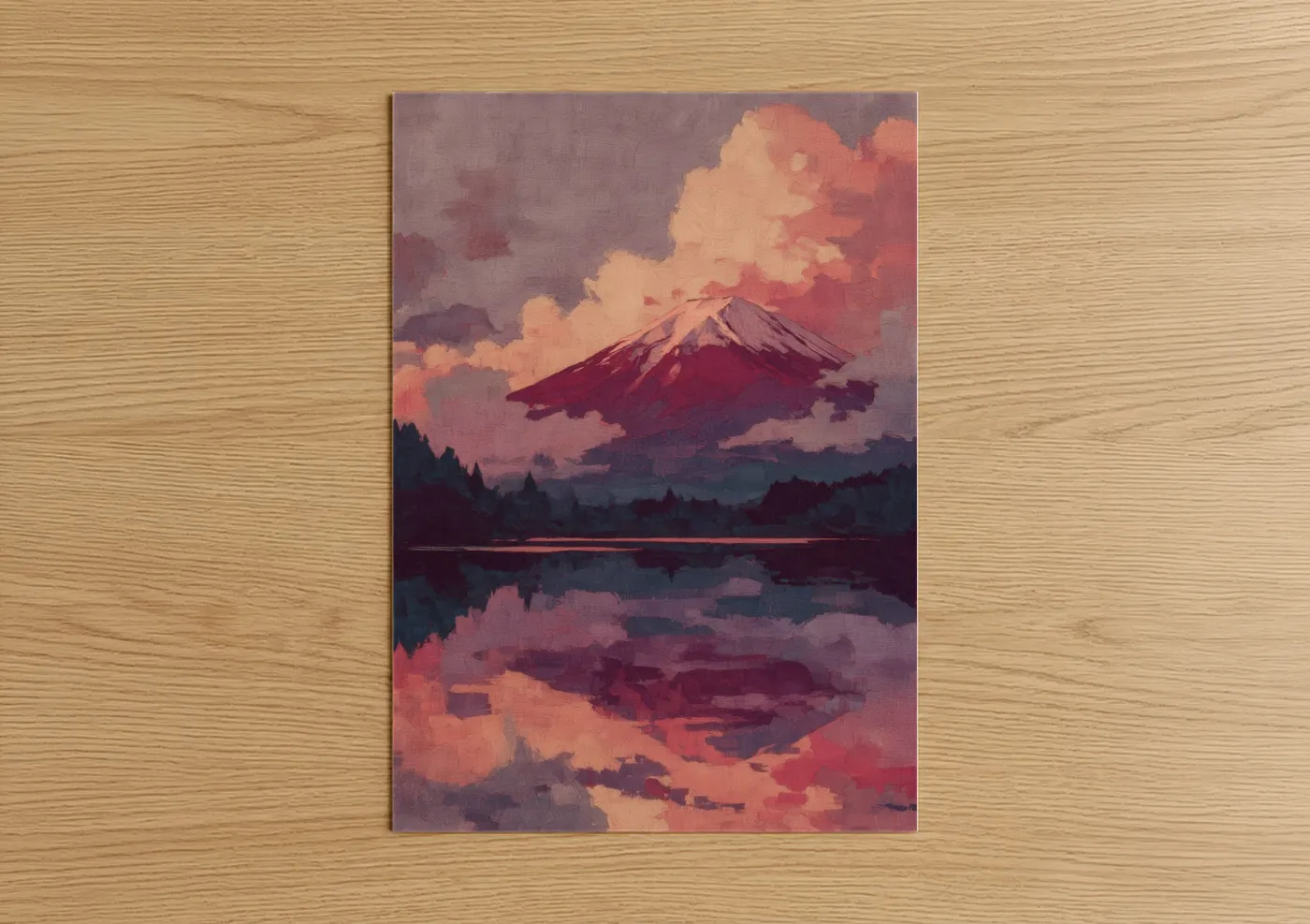 Mount fuji art print on warm oak wood — rose gold and maroon palette — Crimson Fuji Reflection poster