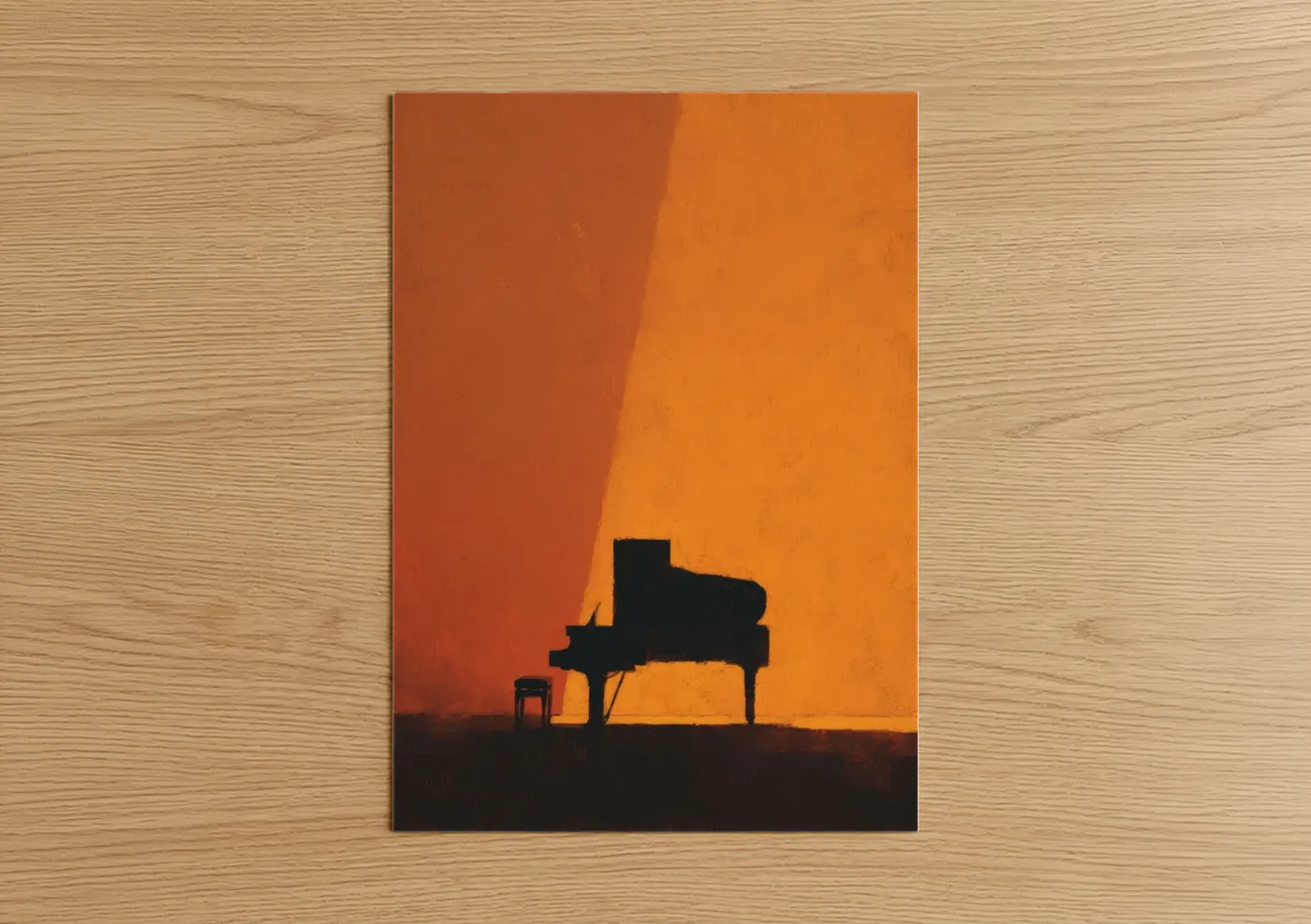 Art print on warm oak wood — orange and black and white palette — Sunset Piano Silhouette poster