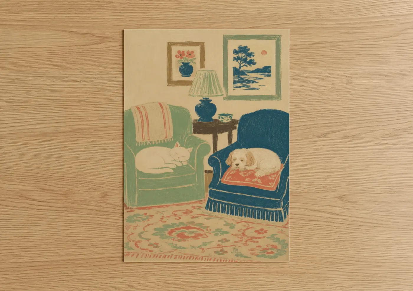 Cat art print on warm oak wood — cream and sage green palette — Cozy Living Room With Pets Wall Art poster