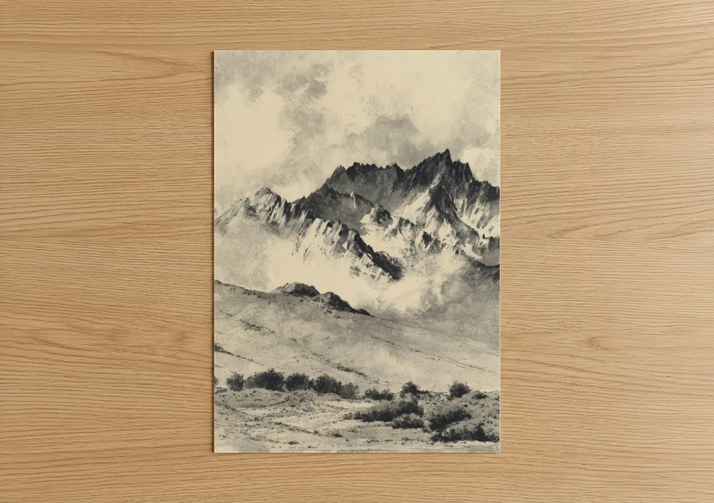 Sierra nevada art print on warm oak wood — black and white and gray palette — Alpine Solitude poster
