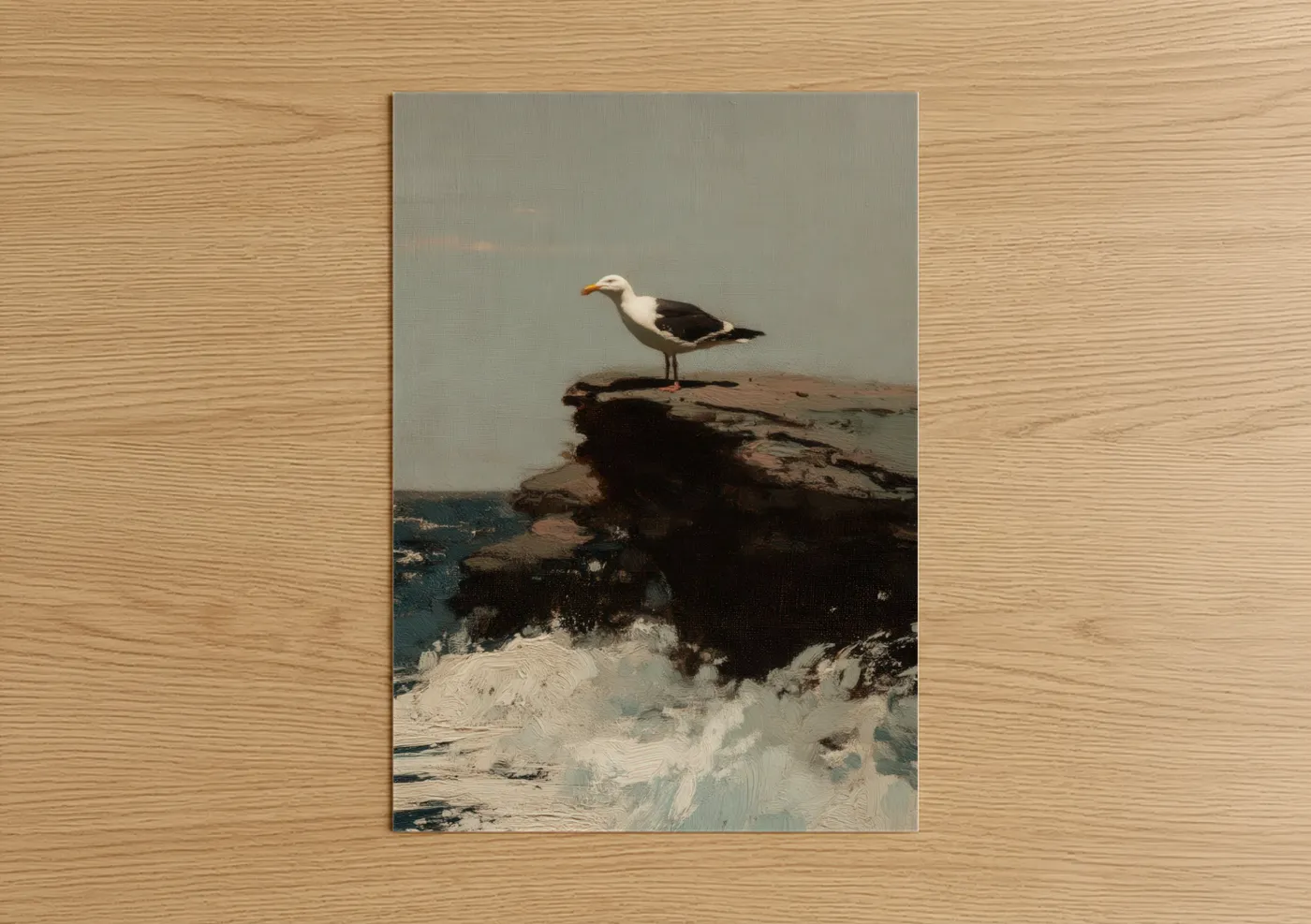Art print on warm oak wood — gray and blue and white palette — Coastal Sentinel Seagull poster