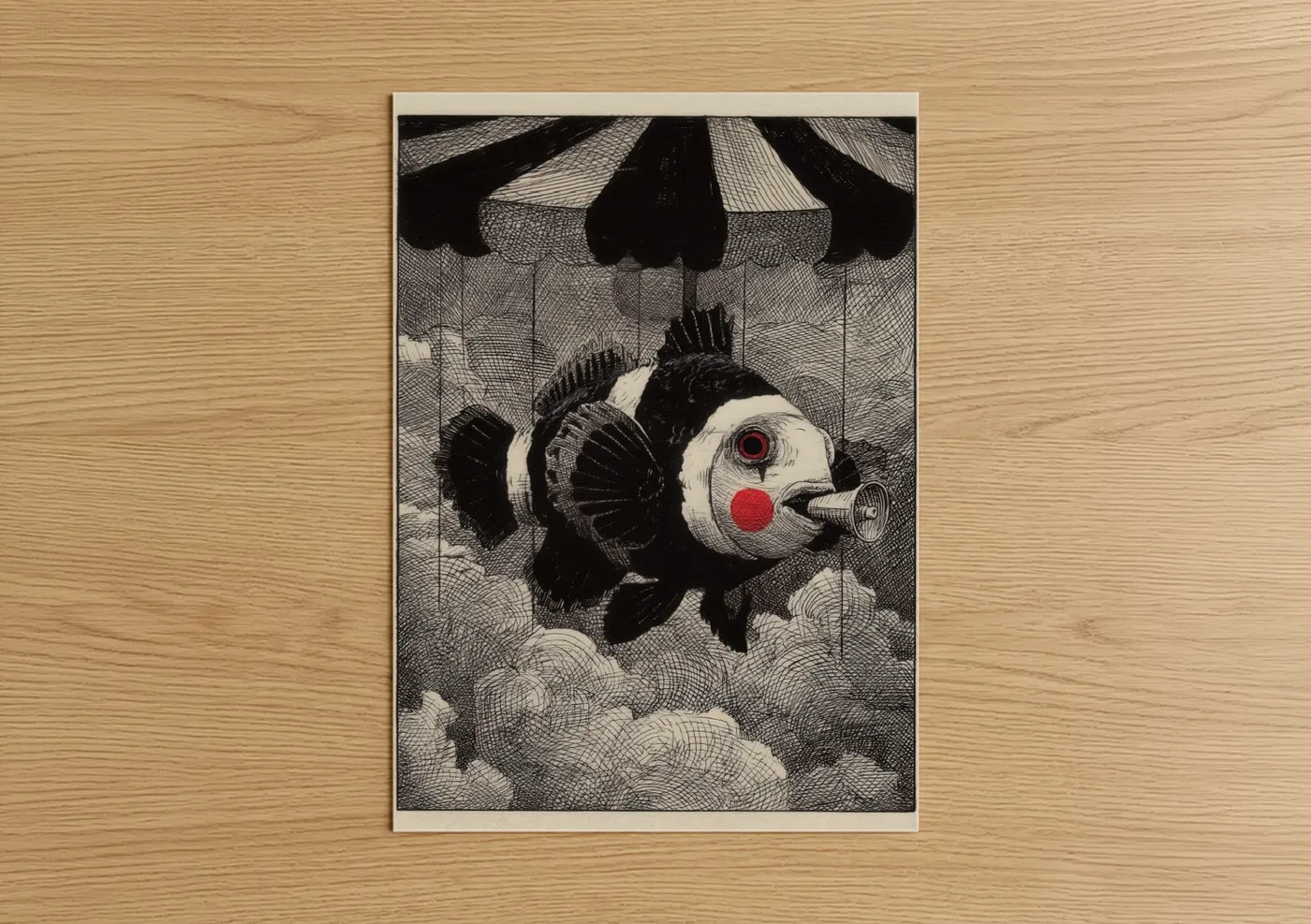 Art print on warm oak wood — black and white and red palette — Circus Clown Fish poster