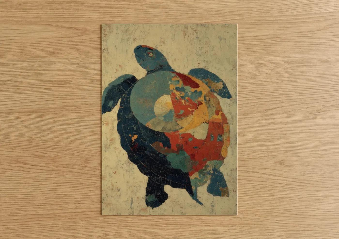 Art print on warm oak wood — russet and beige palette — Vintage Turtle poster