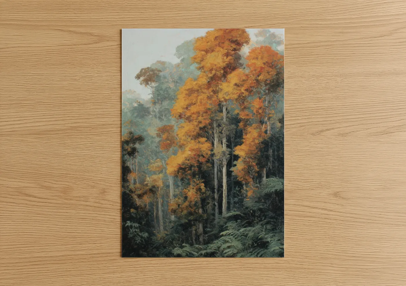Kauri tree art print on warm oak wood — yellow gold and teal palette — Golden Kauri Forest poster