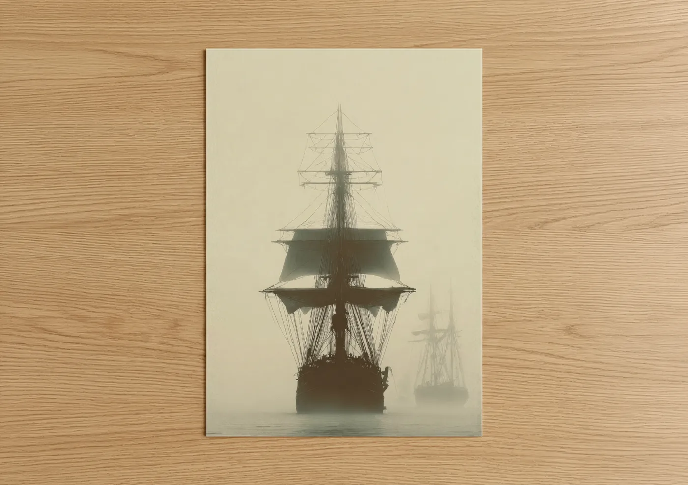 Art print on warm oak wood — black and white and beige palette — Misty Sailing Ship poster