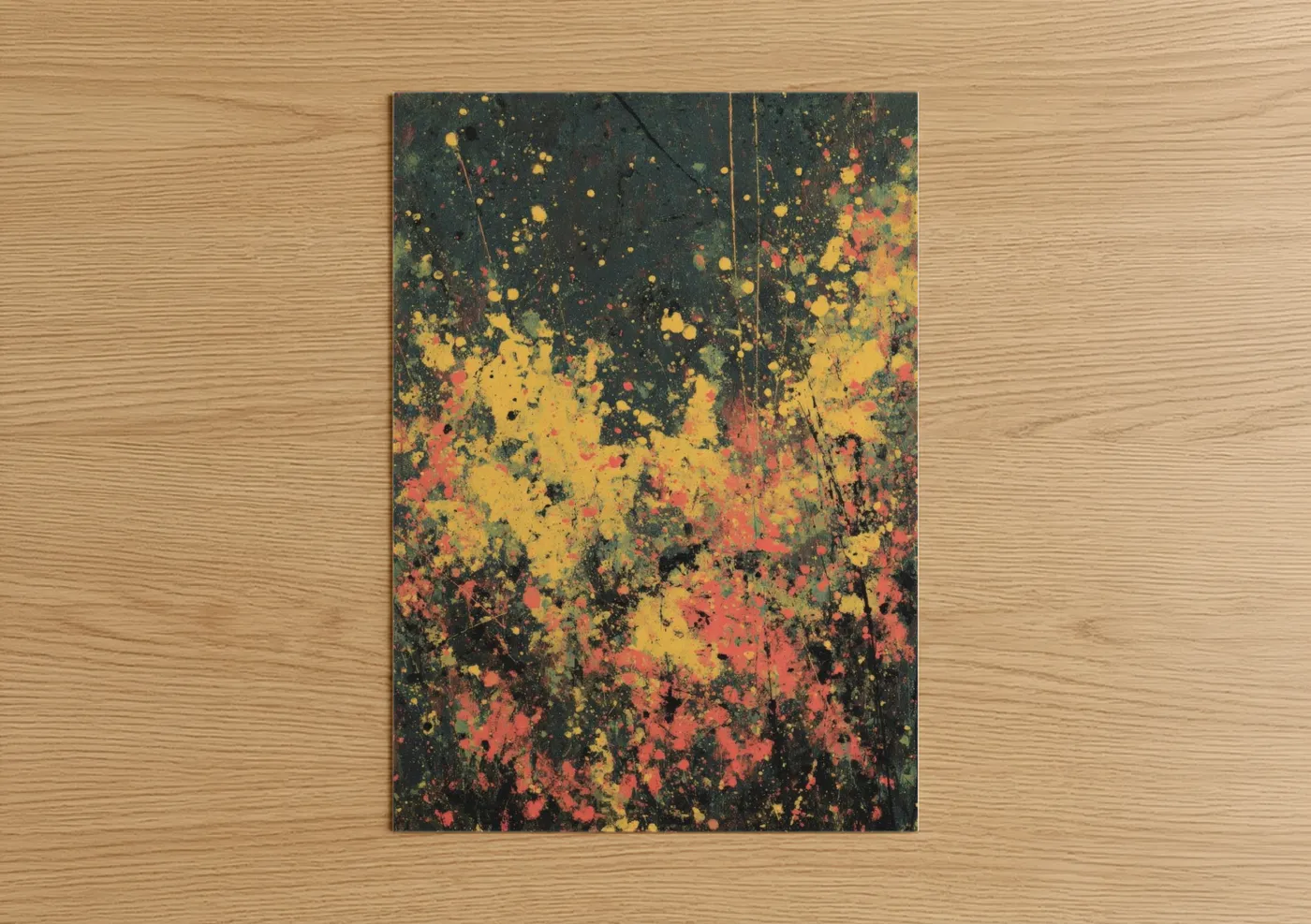 Art print on warm oak wood — yellow gold and dark green palette — Glowing Fireflies Night poster