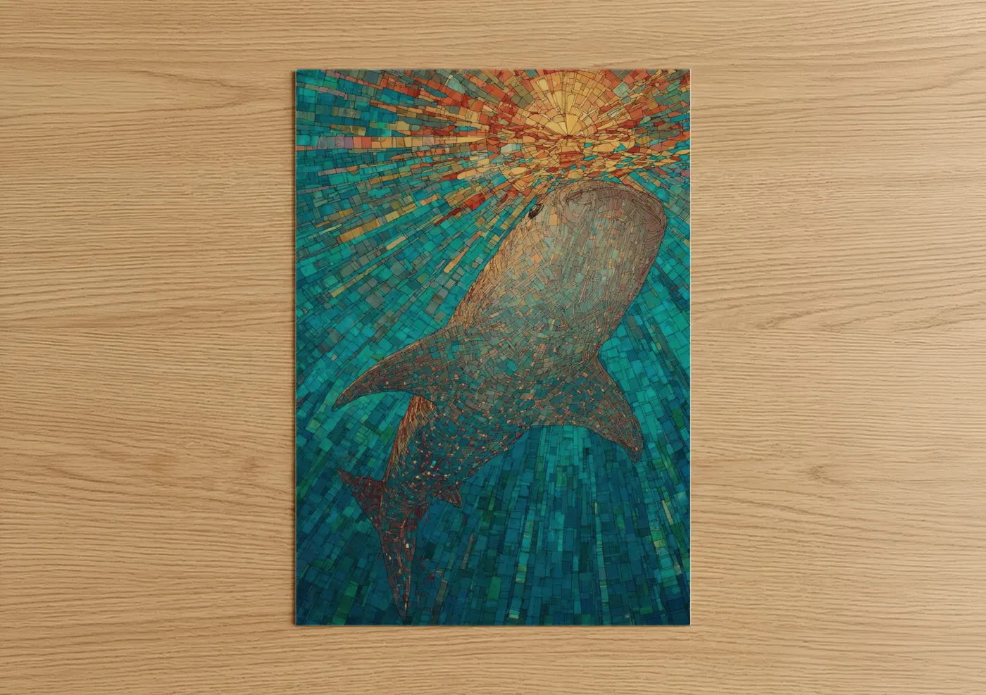 Art print on warm oak wood — teal and yellow gold palette — Ascending Whale Shark poster