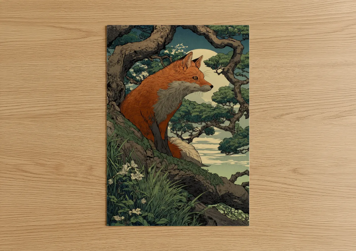 Fox in Forest Landscape Art Print Wall Art