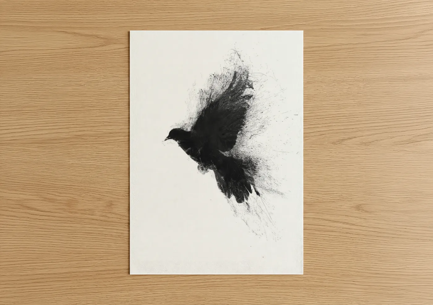 Art print on warm oak wood — black and white palette — Dispersing Dove poster