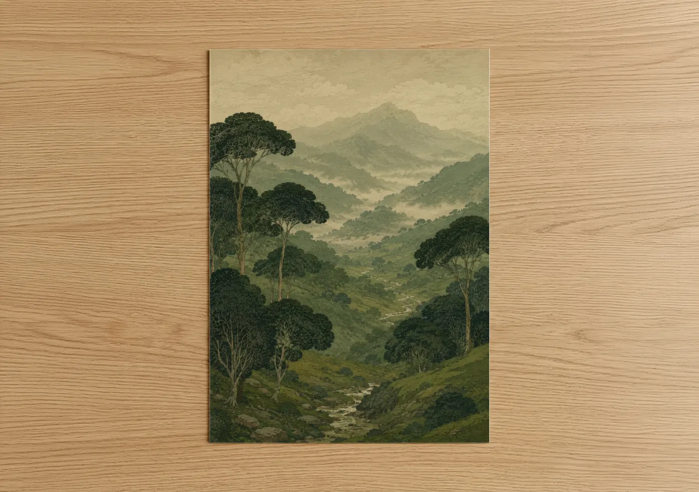 Art print on warm oak wood — green and beige palette — Misty Mountain Valley With Forest Wall Art poster