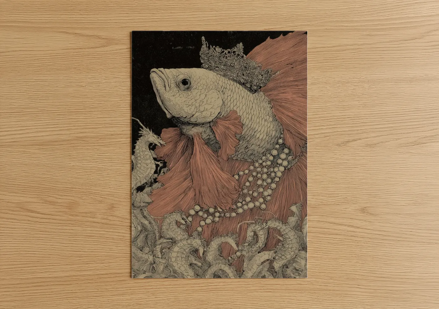 Betta fish art print on warm oak wood — cream and russet palette — Crowned Betta Glory poster