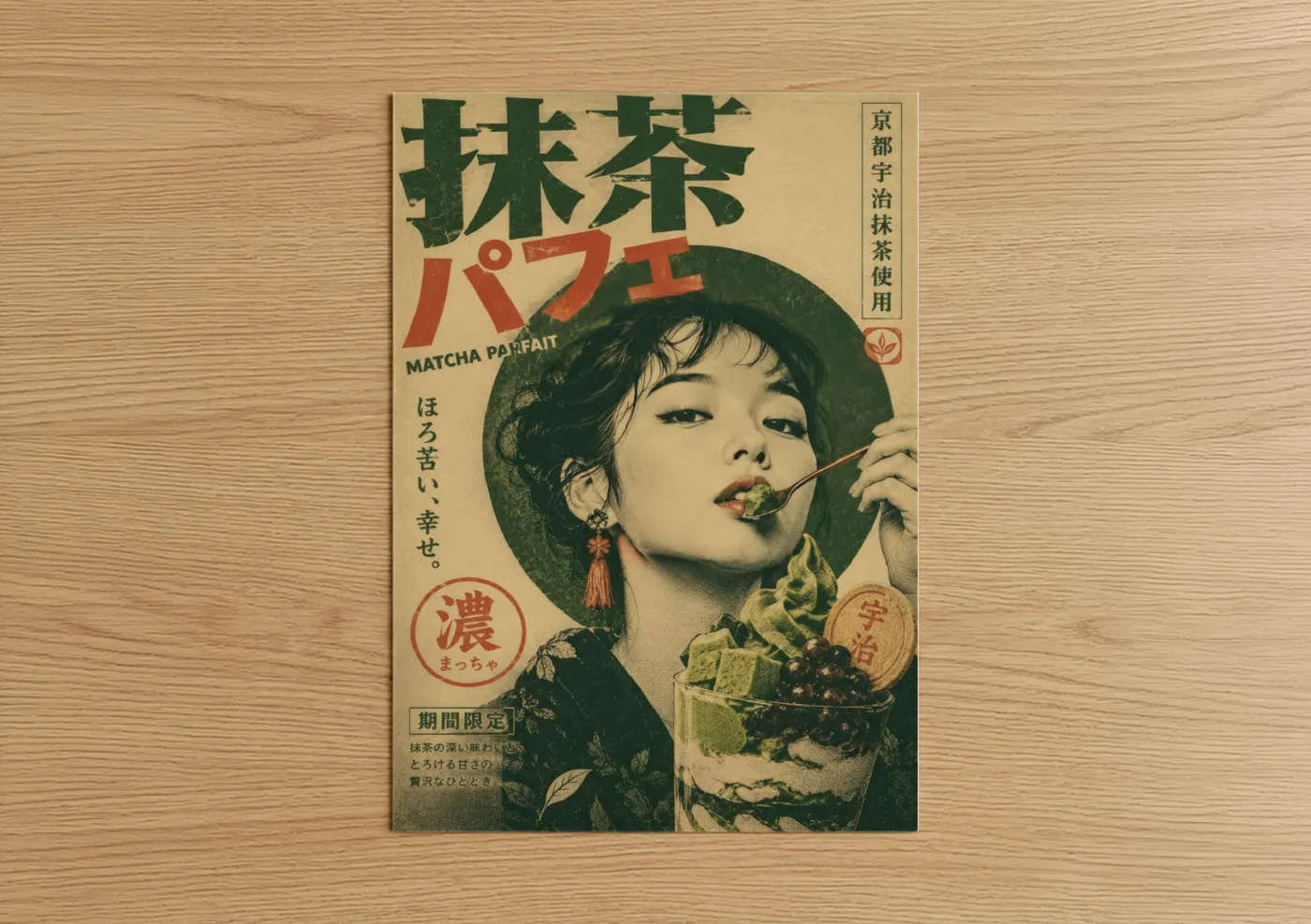 Vintage japanese ads art print on warm oak wood — green and beige palette — Vintage Japanese Matcha Parfait Advertisement Wall Art poster