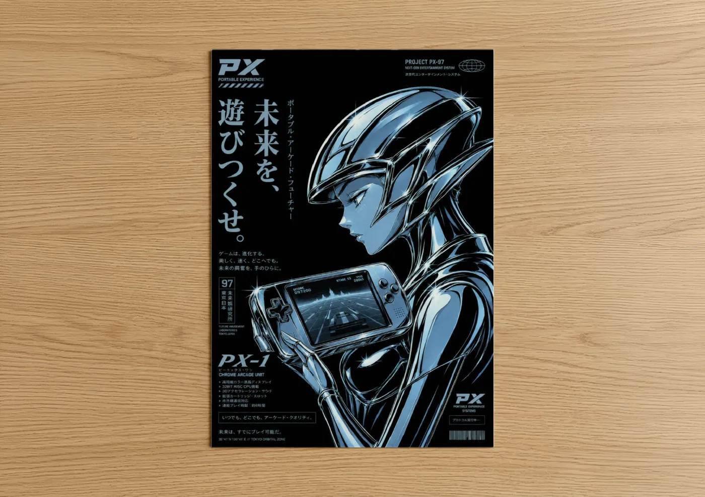 Extraterrestrial art print on warm oak wood — blue and black palette — Cybernetic Futurist Sci-Fi Wall Art poster