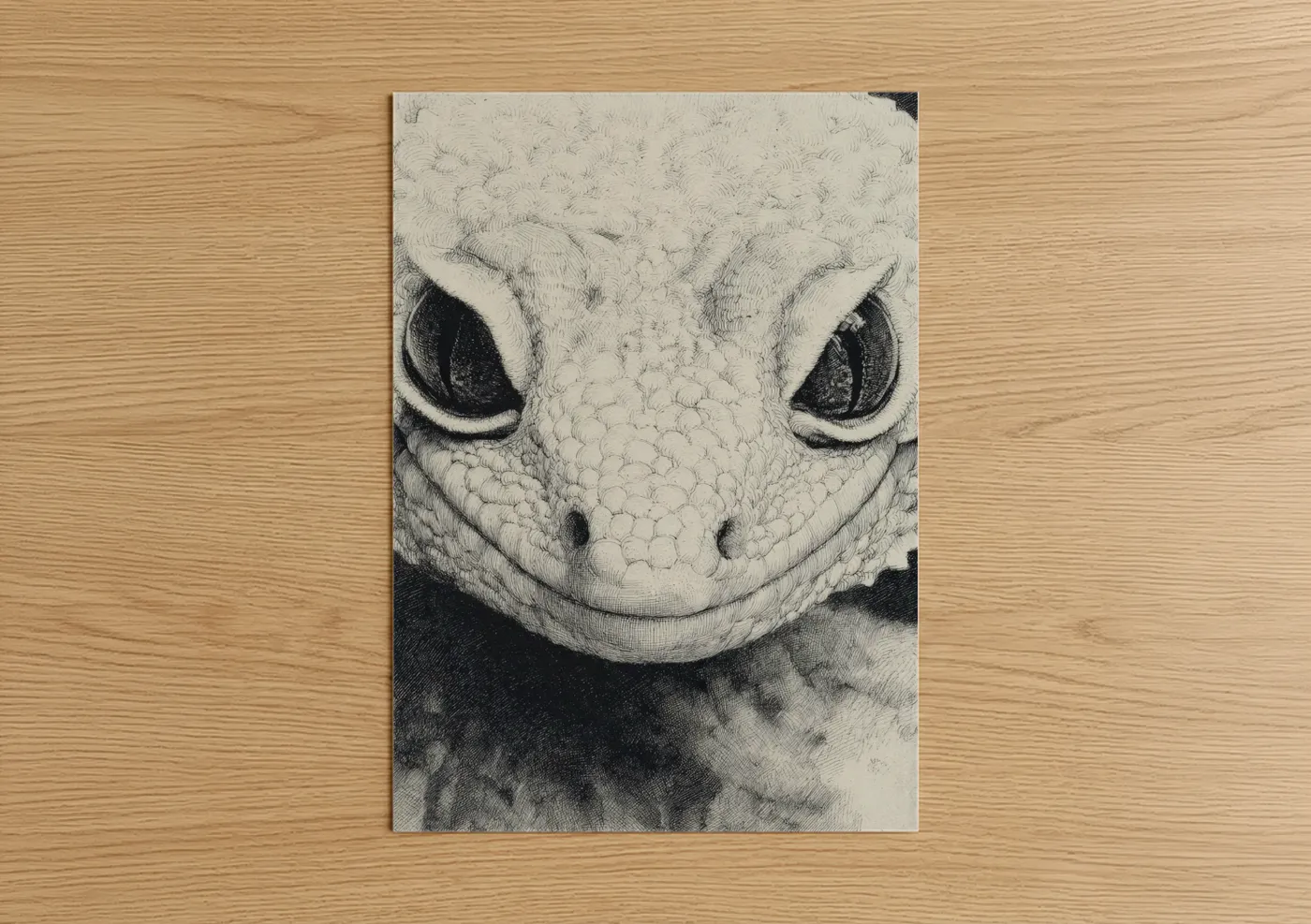 Lizard art print on warm oak wood — black and white palette — Pale Gecko Portrait poster