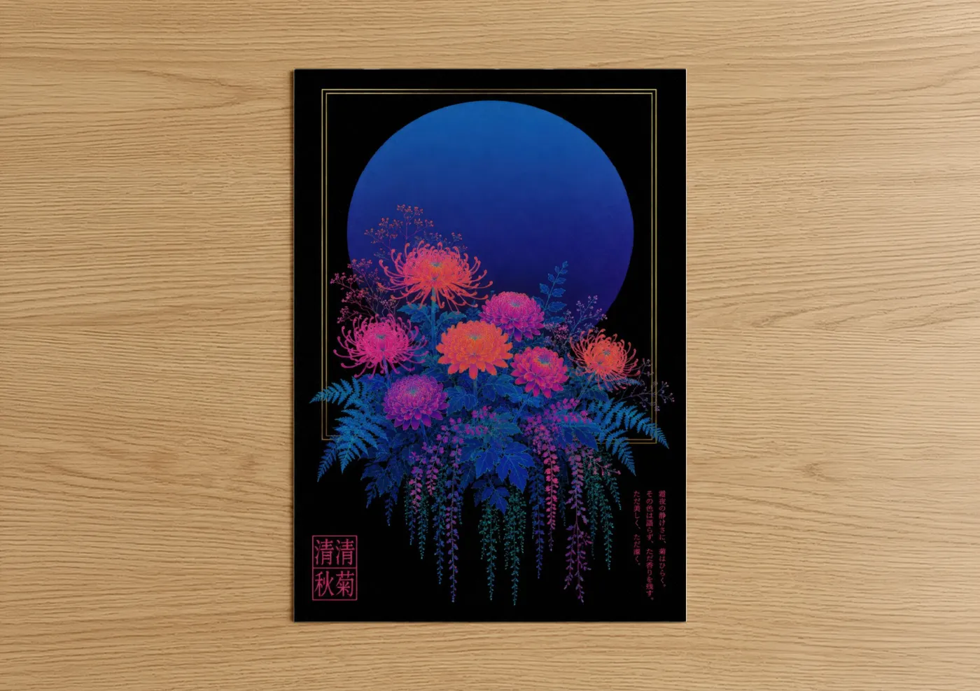 Art print on warm oak wood — blue and magenta palette — Japanese Chrysanthemum Moon Garden Wall Art poster
