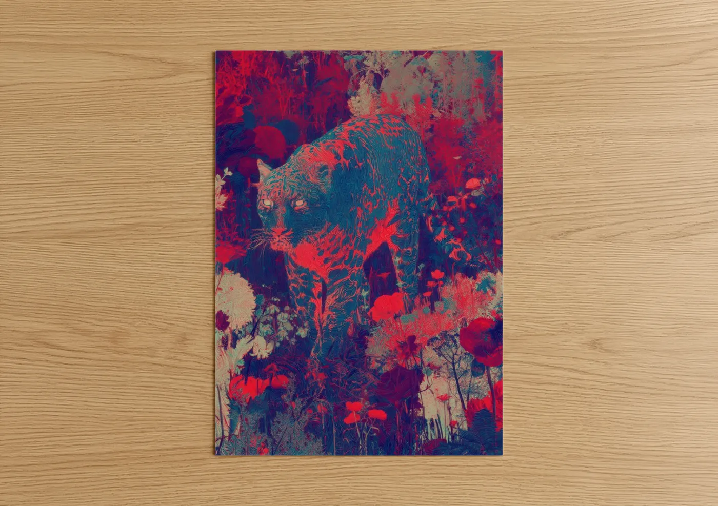 Art print on warm oak wood — red and dark blue palette — Crimson Jaguar poster