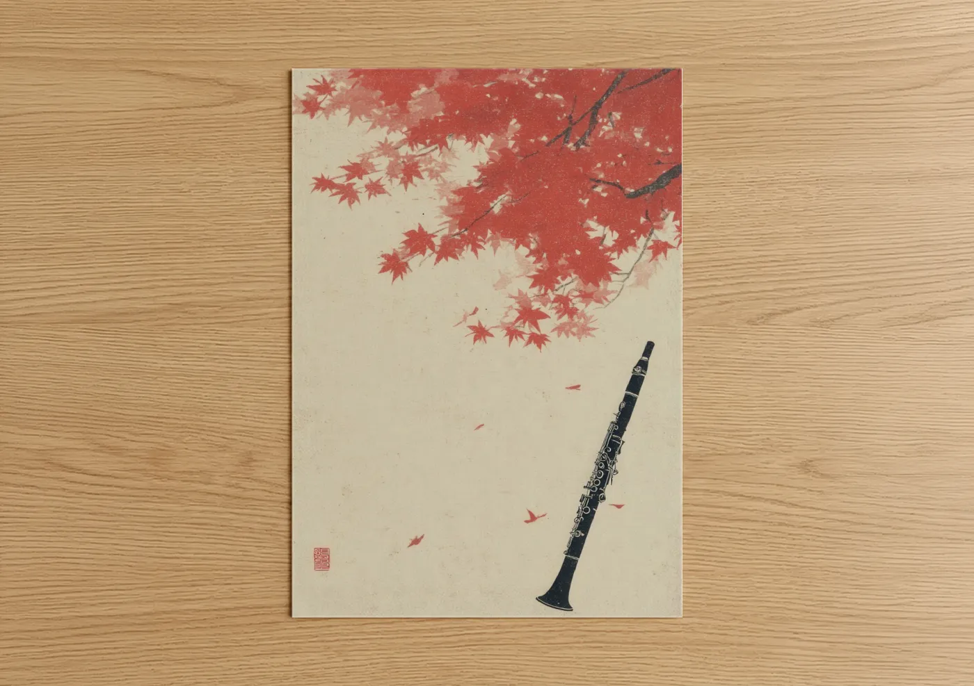 Art print on warm oak wood — red and cream palette — Autumn Clarinet poster