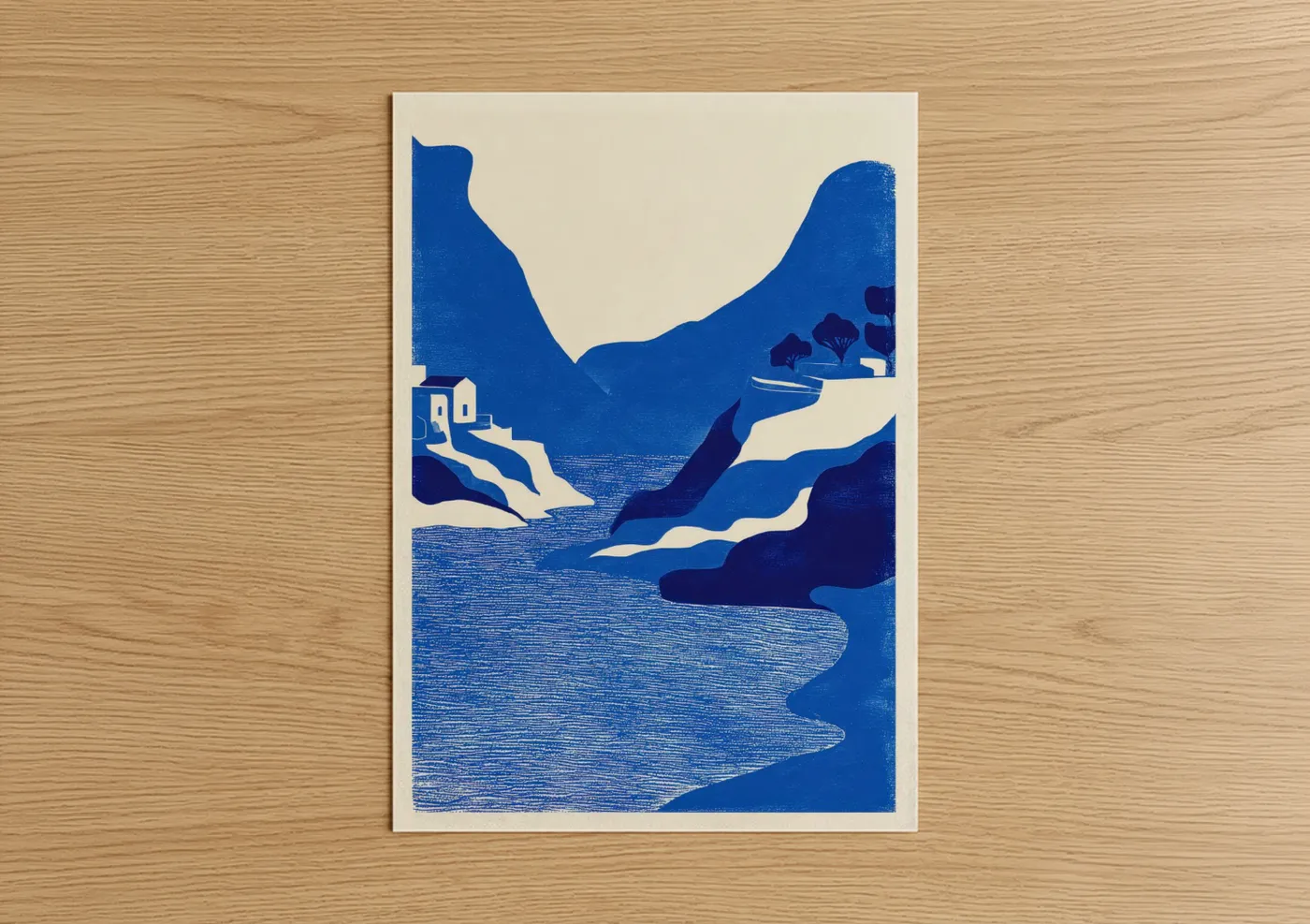Art print on warm oak wood — blue and cream palette — Blue Canal Landscape poster