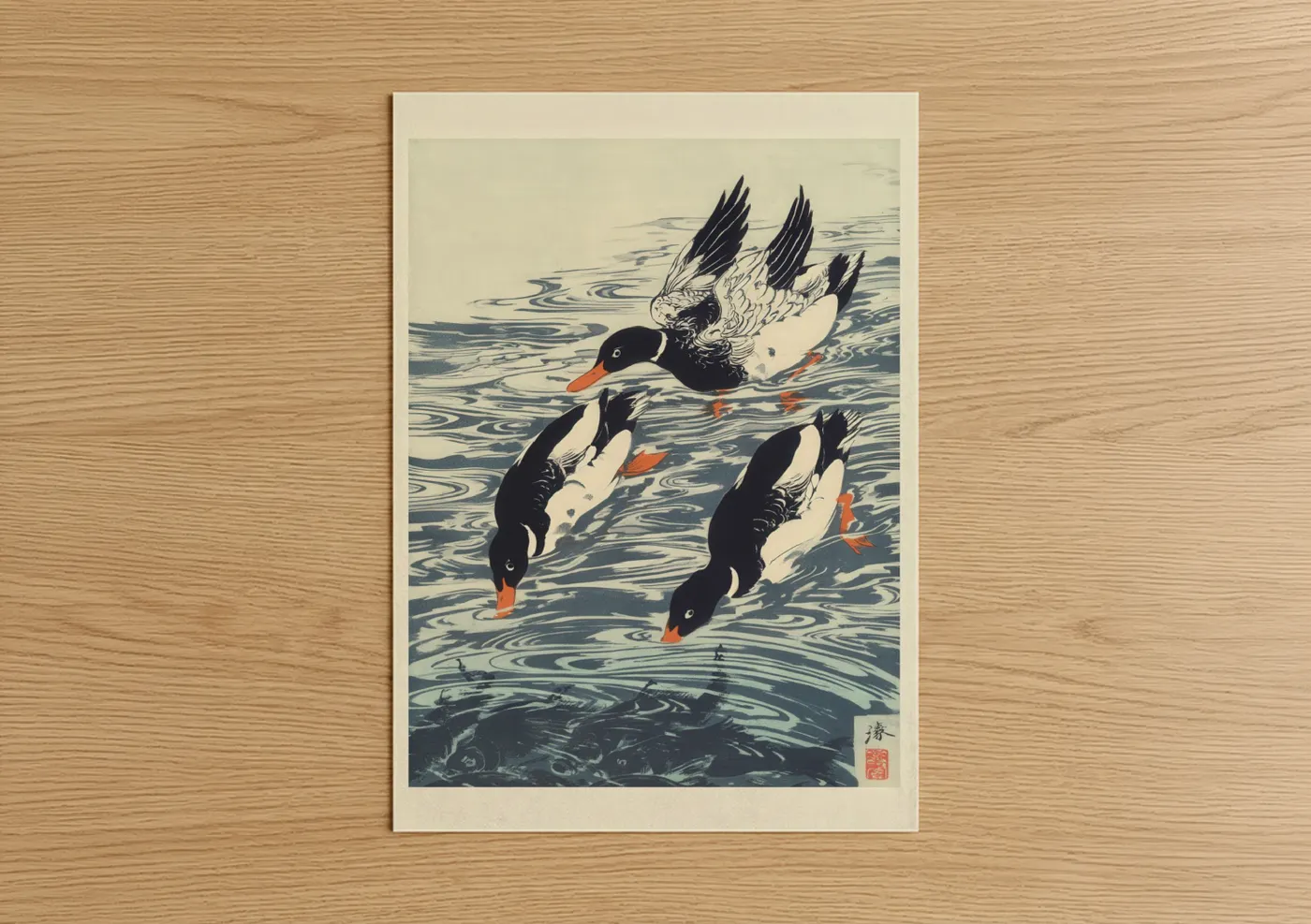 Diving Ducks Water Dance Japanese Wall Art