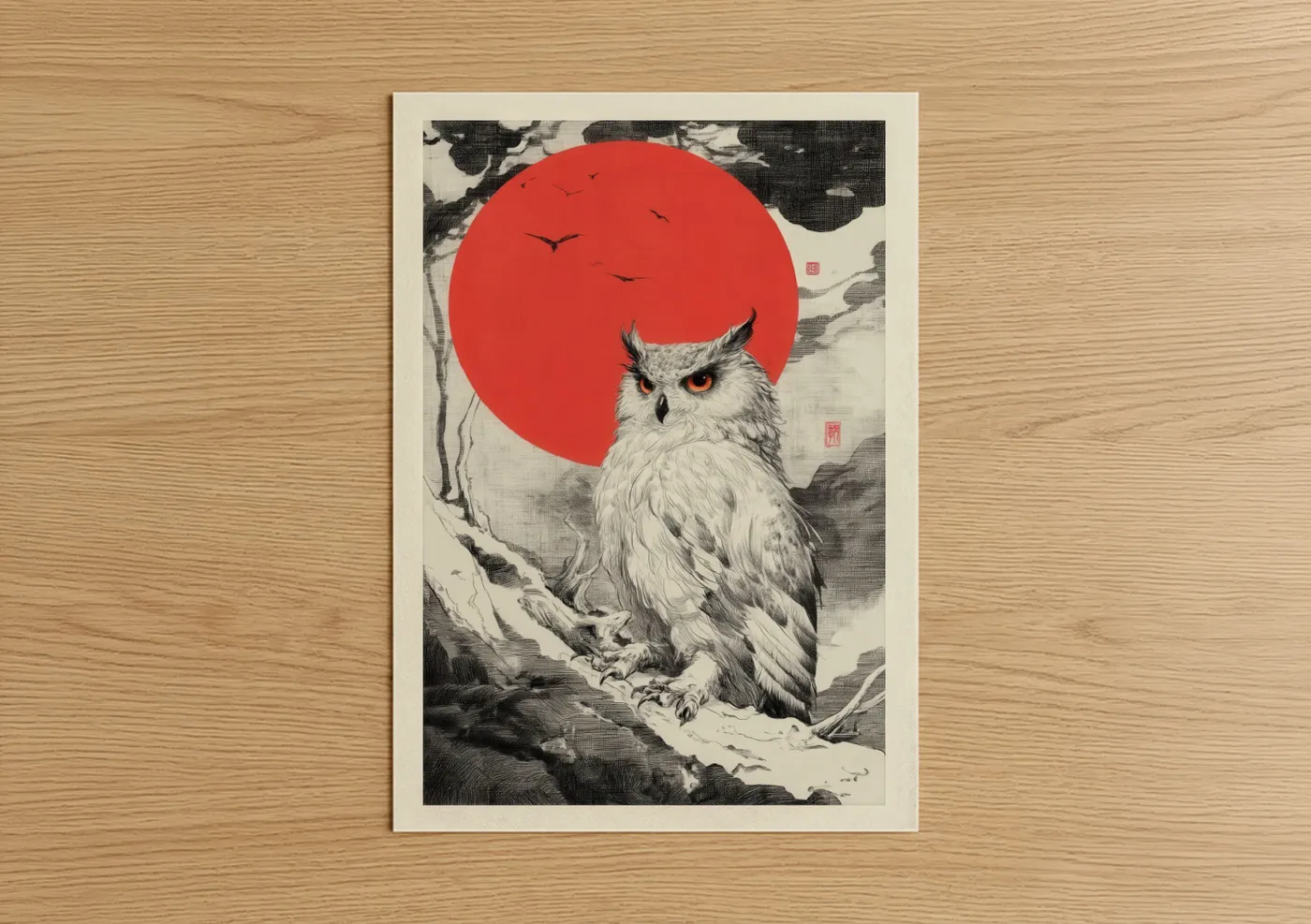 White Owl Red Moon Japanese Wall Art
