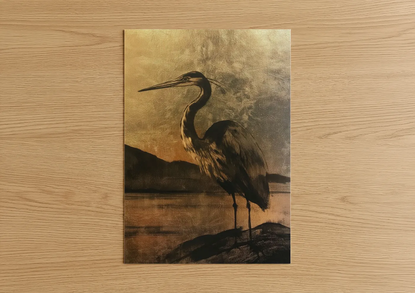 Golden Heron Silhouette Sunset Wall Art