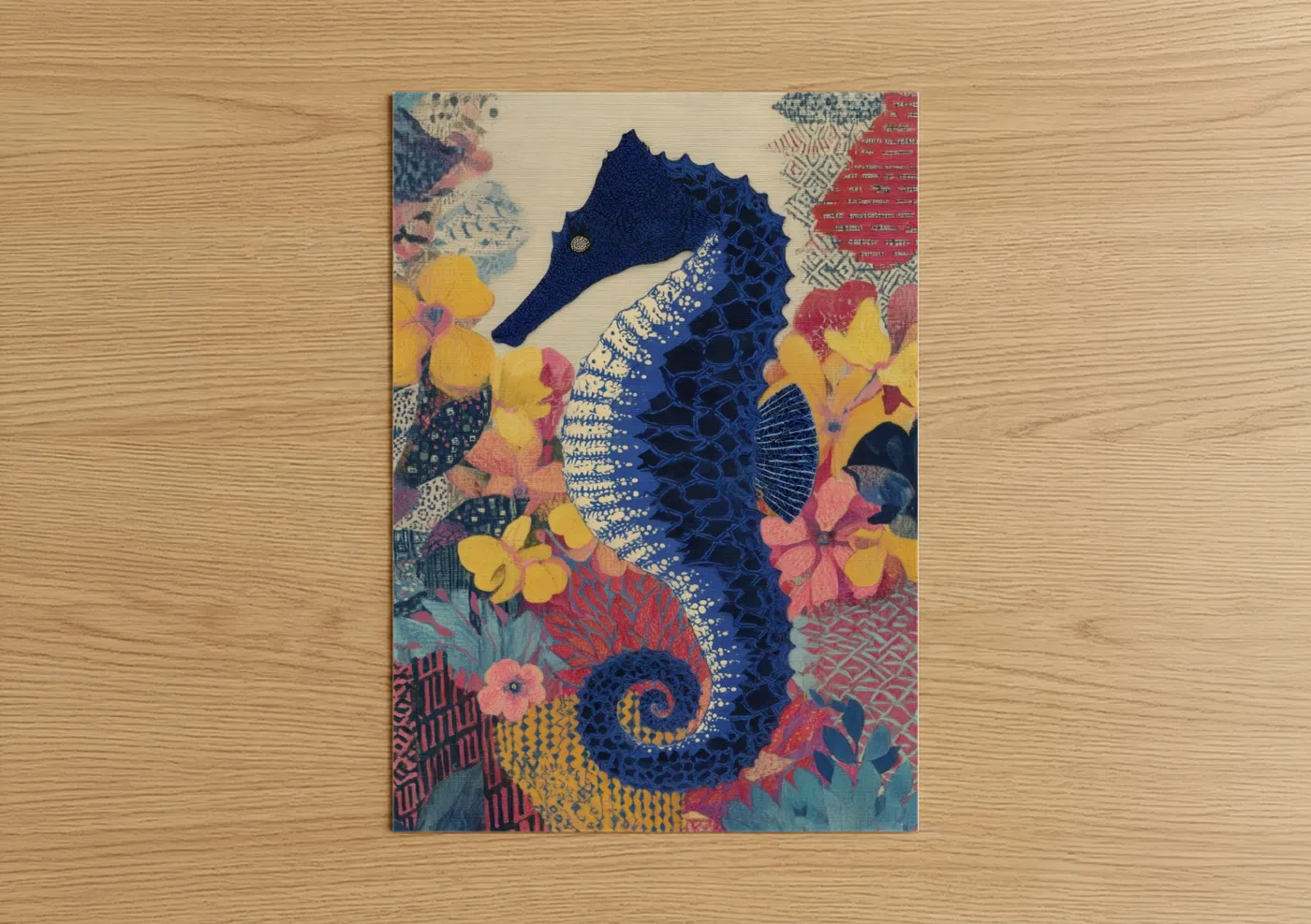 Sea horse art print on warm oak wood — blue and yellow palette — Indigo Seahorse poster