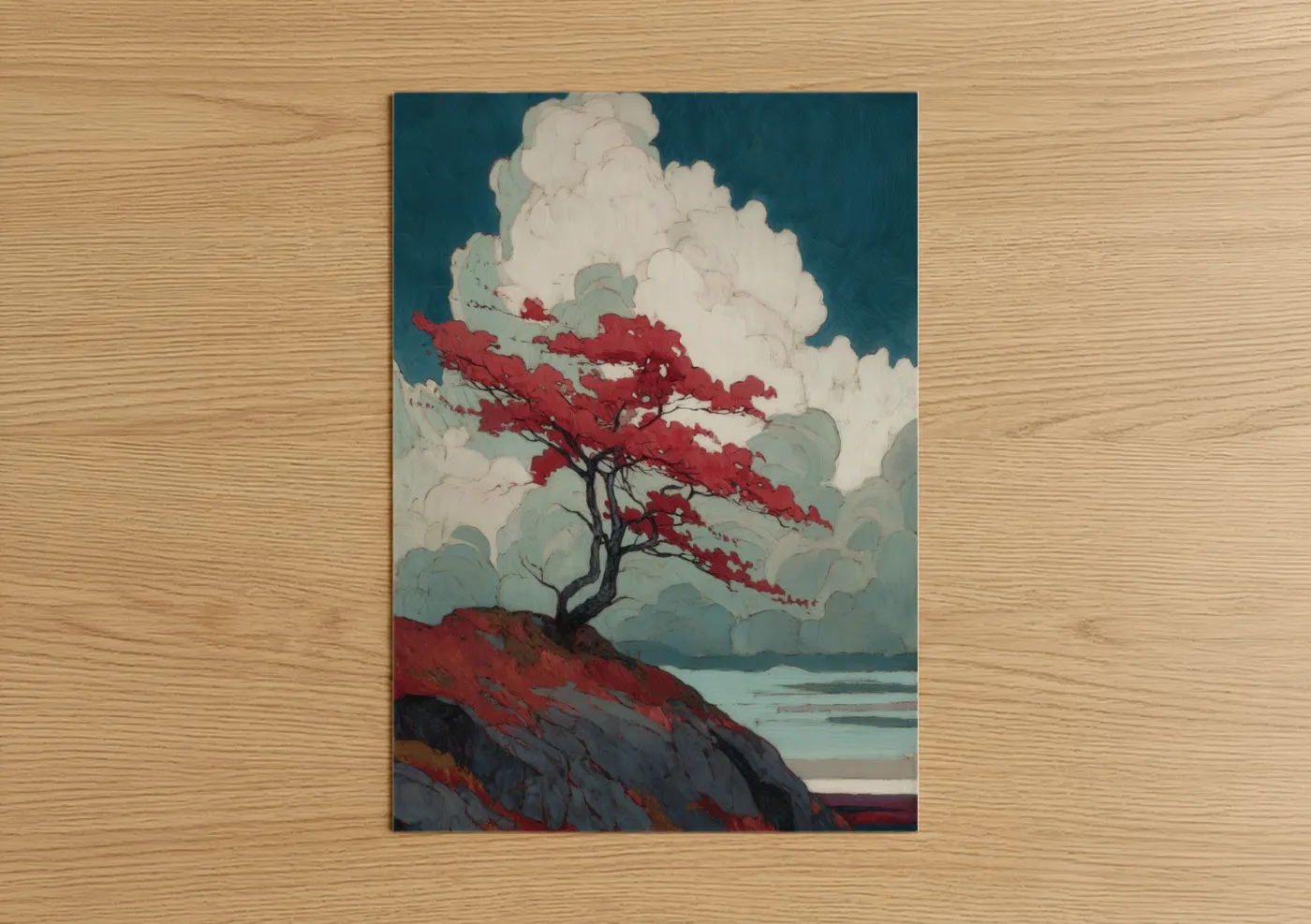 Arbutus tree art print on warm oak wood — teal and red palette — Crimson Arbutus poster